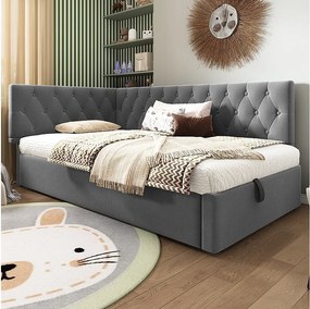 Sofa dziecięca tapicerowana z funkcją spania - 90 x 200 cm - z hydraulicznym schowkiem - welur - szara