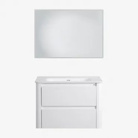 Zestaw Wiszących Mebli Łazienkowych 80x50 Cm Z Drewna Zintegrowany Z Umywalką Egerton Biała & Prostokątna Lampa Led - Sklum
