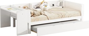 Łóżko wysuwane 90 x 200 cm + 90 x 180 cm z biurkiem i 3 półkami - lite drewno sosnowe - stelaż listwowy - białe