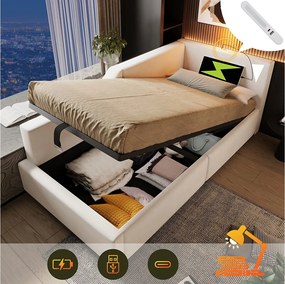 Łóżko ze schowkiem 90 x 190 cm, sofa rozkładana z lampką do czytania i gniazdem USB-C - Aksamit - Beż (bez materaca)