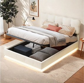Łóżko z pojemnikiem dla dorosłych 140x190 cm z beżowego aksamitu z hydraulicznym schowkiem i wbudowanym oświetleniem LED