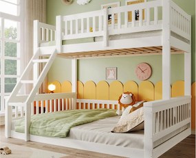 Łóżko piętrowe 90x200 cm + 140x200 cm - z drabiną - z barierką - biały (materac nie jest dołączony)