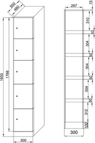 Szafka skrytkowa S1, 5 schowków, 1850 x 300 x 500 mm, zamek cylindryczny, drzwi beżowe