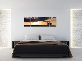 Obraz - Jeździec na koniu o zachodzie słońca (170x50 cm)