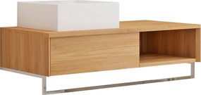Podwieszana szafka łazienkowa z drewna tekowego z wieszakiem na ręcznik i kwadratową ceramiczną umywalką nablatową - 105 cm - KUPANG