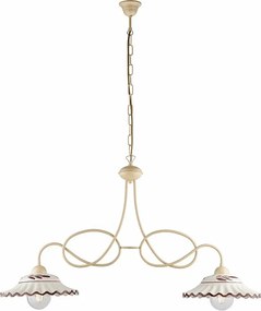 Żyrandol Bistrot z lakierowanego żelaza w kolorze kości słoniowej, dekor decapé, ceramiczne dyfuzory biało-brązowe Ø30 cm, 2 światła, 98x30 cm