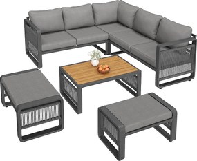 Zestaw mebli ogrodowych 6-7-osobowy - sofa + stół + 2 hokery + poduszki na siedzisko i oparcie - metal - szary