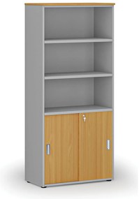 Szafa biurowa kombinowana PRIMO GRAY, drzwi przesuwne na 2 poziomach, 800 x 420 x 1781 mm, szary/buk