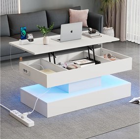 Nowoczesny stolik kawowy - Biały stolik kawowy z oświetleniem LED i gniazdkiem do ładowania - podnośnik hydrauliczny