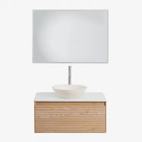 Zestaw Wiszących Mebli Łazienkowych Z Drewna Jesionowego Tedrik Popielaty Brąz & Cement Okrągły Biały - Sklum