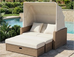 Modułowy Salon Ogrodowy 2-4 Osoby z Wsuwanym Daszkiem - Kanapa rozkładana na leżankę - Regulowany Stolik Kawowy - Pleciona Żywica - Khaki
