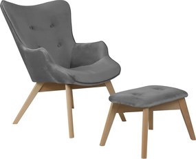 Szary aksamitny fotel z podnóżkiem Niko – Ropez