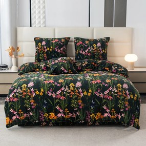 PrzytulneMieszkanie.pl PrzytulneMieszkanie.pl PrzytulneMieszkanie.pl Zestaw pościeli z mikropluszu MYSTIC GARDEN ciemnozielona + prześcieradło z mikropluszu SOFT 90x200 cm białe, pojedyncze łóżko