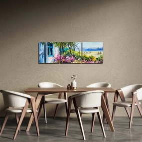 Obraz ogrodu przed domem, obraz olejny (z zegarem) (90x30 cm)