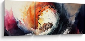 Obraz - W wirze powodzi, akwarela (z zegarem) (90x30 cm)