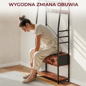 HOMCOM Garderoba z półką na buty, stojak na płaszcze z siedziskiem, 10 haczyków, 2 materiałowe szuflady, drążek, płyta wiórowa, metal, brązowy