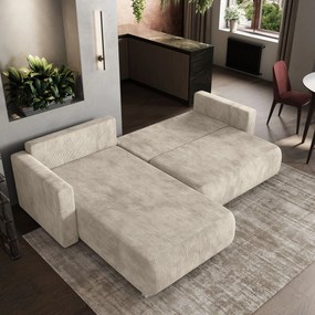 Masseno Narożnik TURIN z funkcją spania i pojemnikiem na pościel Narozniki L, Rozkładana sofa - Kremowy, POSO 100