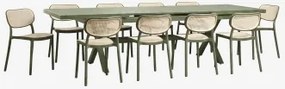 Zestaw Stołu Prostokątnego 240-300x100 Cm Rozkładanego Z Aluminium Karena Oraz 10 Sztaplowanych Krzeseł Ogrodowych Z Polipropyle Intensywny Verde Oliv