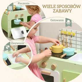 AIYAPLAY zestaw kuchni dla dzieci, MDF, 15 akcesoriów, szafki, 40 cm, od 3 lat, zielony