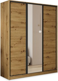 Szafa Przesuwna TARI 160 cm z Lustrem Szafa Trzydrzwiowa z Szufladami Dąb Artisan / Czarne Profile
