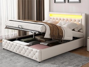 Łóżko z tapicerowanym zagłówkiem z ekoskóry z LED - 160x200cm - z stelażem na listwach - Białe