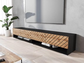 Nowoczesna szafka RTV 180 cm z LED – korpus czarny mat, fronty dąb wotan MDF jodełka, bezuchwytowa, stojąca lub wisząca