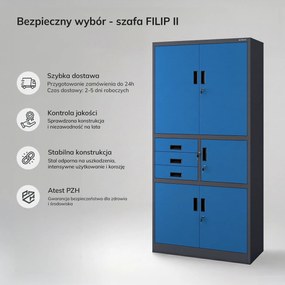 Biurowa szafa metalowa z sejfem antracytowo-niebieska: FILIP II, 900 x 1850 x 400 mm