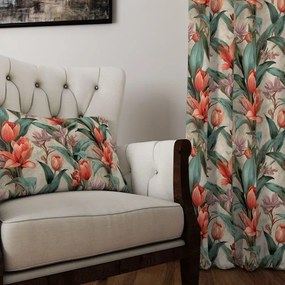 Zasłona dekoracyjna oxford w pomarańczowe kwiaty bogaty wzór - szer. 150 cm