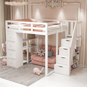 Łóżko piętrowe dla dzieci - 140 x 200 cm - z 4 szufladami + schodki do przechowywania - drewno - białe