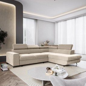 Masseno Narożnik VELISS z funkcją spania i pojemnikiem na pościel Narozniki L, Rozkładana sofa - Kremowy, CASTEL 03