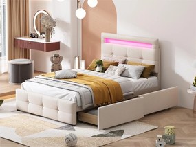 Łóżko pojedyncze 90 x 200 cm z 2 szufladami - tkanina lniana - LED - dla dzieci - beżowe