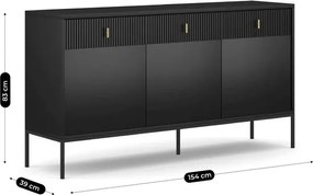 Komoda do Salonu Sypialni MARCOS 154 cm Czarna Ryflowana Trzydrzwiowa z Szufladami Nowoczesna
