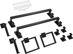 Akcesoria Łazienkowe SucceBuy 10PCs, 2 Wieszaki na Ręczniki ze Stali Nierdzewnej 59,5 cm z 2 Kwadratowymi Podpórkami na Ręczniki, 4 Haki na Szlafrok, Czarny Mat