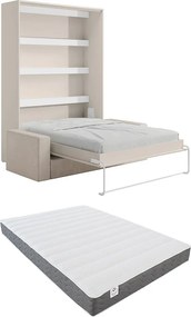 Łóżko chowane w szafie  w ścianie 160 x 200 cm - Ręczne otwieranie pionowe - Z oświetleniem LED - Beżowe + Materac + Kanapa - RAPILI