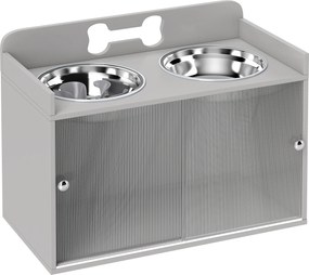 PawHut Podwyższona stacja karmienia z 2 miskami i szafką, MDF, stal nierdzewna, motyw kości, szary