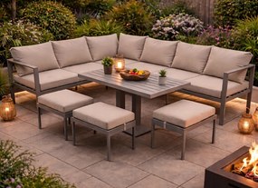 Narożnik ogrodowy Bellagio NM21-G-GR z pufami i ławostołem, szary, poduszki beżowe