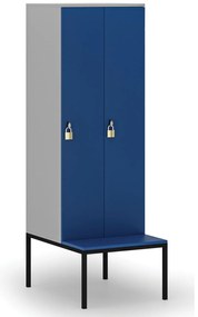 Drewniana szafa ubraniowa S4 z ławką, 2-drzwiowa, 1871 x 600 x 500/800 mm, demontaż, zamek obrotowy, szary/niebieski