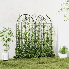 Metalowa Pergola Outsunny, Zestaw 2szt. do Wbijania, Odporna na Rdzę, z Motywem Ptaków na Rośliny Pnące 50x120 cm, Czarna