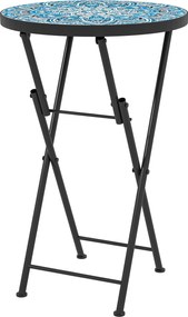 Outsunny Ogrodowy stolik z mozaiką, Składany okrągły stolik tarasowy z metalowym ramem i ceramicznym blatem, wzór w mozaikę, Niebieski