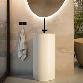 Umywalka z konglomeratu wolnostojąca okrągła beżowa błyszcząca 87 x 44 cm KALMI BEIGE GLOW z otworem na baterię : Podłączenie syfonu - Do ściany