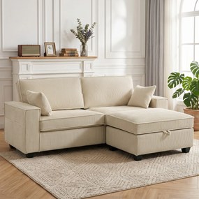 HOMCOM Narożnik z pufą z pojemnikiem, sztruks, 3-osobowy sofa w kształcie L z wypełnieniem sprężynowym, szerokie siedzisko, beżowy | Aosom PL