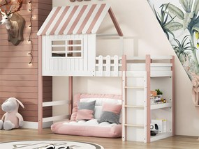 Łóżko piętrowe z litego drewna 90x200 cm - z drabinką i barierką zabezpieczającą - z 2 półkami - Różowe