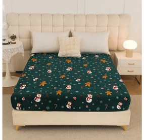 PrzytulneMieszkanie.pl Prześcieradło z mikropluszu SNOWMAN AND GINGERBREAD 90x200 cm zielone