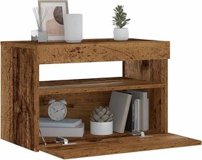 Szafka nocna z drewna inżynieryjnego w stylu starego drewna z wielokolorowym podświetleniem LED RGB, 60x35x40 cm, z miejscem do przechowywania i złączem USB