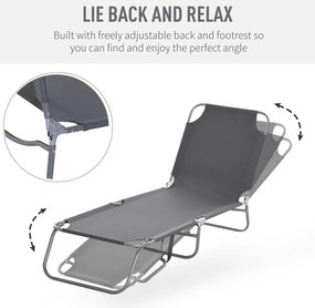 Outsunny Leżak Plażowy Szary z Regulowanym Oparciem Składany Idealny na Balkon i Taras do 120 kg | Aosom PL