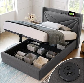 Łóżko ze schowkiem 90x200 cm - szary len - łóżko młodzieżowe z gniazdem ładowania USB - rama z listew - bez materaca