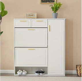 Biała szafka na buty z regulowanymi półkami, szufladami i drzwiczkami oraz złotymi uchwytami – do przedpokoju