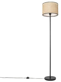 Lampa stojąca rustykalna czarna z abażurem z rattanu - Kata Rustykalny / Vintage Oswietlenie wewnetrzne