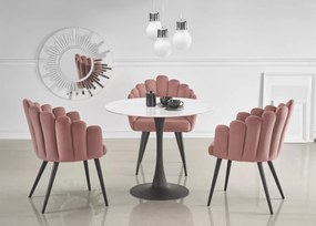 Stół Ambros 90 cm elegancki okrągły stół z marmurowym szklanym blatem i czarną stalową nogą do małego salonu