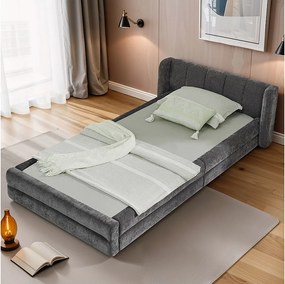 Łóżko pojedyncze 90x200 cm z zagłówkiem i tapicerowanym stelażem listwowym, szenila szara - bez materaca